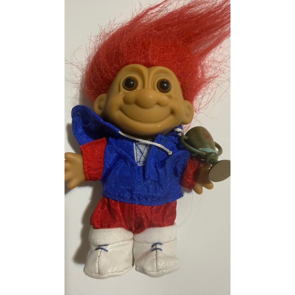 Russ‎ Berrie Vintage Troll Doll Red Hair #1 Dad Trophy Blue Windbreaker 18486